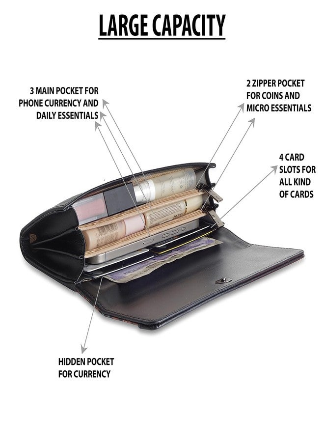 DOSYSO Wallet for Women Girls Stylish Latest Printed Faux Leather with Phone Space Coin Compartment Mobile Storage 4 Card Slots Holder Cash Zip Pockets Hand Clutch for Daily Use Ladies Long Purse (Black) - Image 3